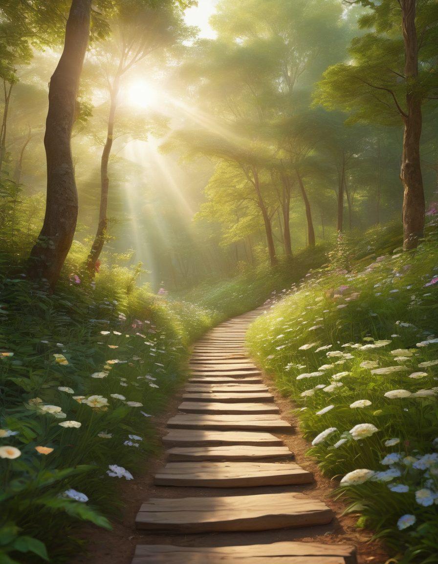 A serene pathway winding through a lush green forest, symbolizing a journey to health, with gentle rays of sunlight filtering through the trees, and a diverse group of people practicing yoga and meditation along the path. Integrate subtle elements of nature like blooming flowers and butterflies, emphasizing a holistic approach to wellness during cancer survival. warm colors. super-realistic. tranquil atmosphere.