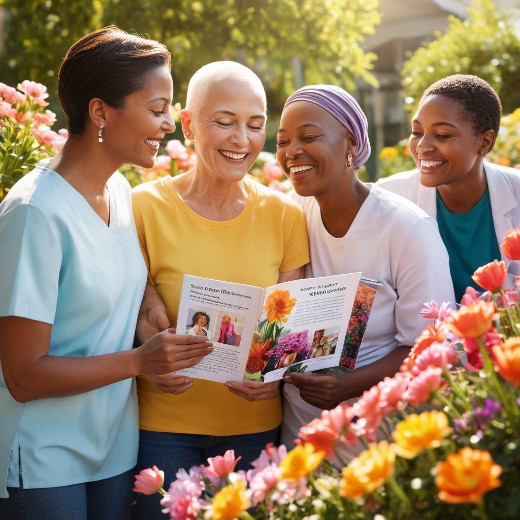 A heartwarming scene of a diverse group of cancer survivors joyfully embracing life, surrounded by vibrant flowers and sunlight. In the background, a supportive advocate is interacting with a patient, showcasing resources like brochures and wellness items. The atmosphere should exude hope and empowerment, with a soft focus on the smiles and connections. super-realistic. vibrant colors.