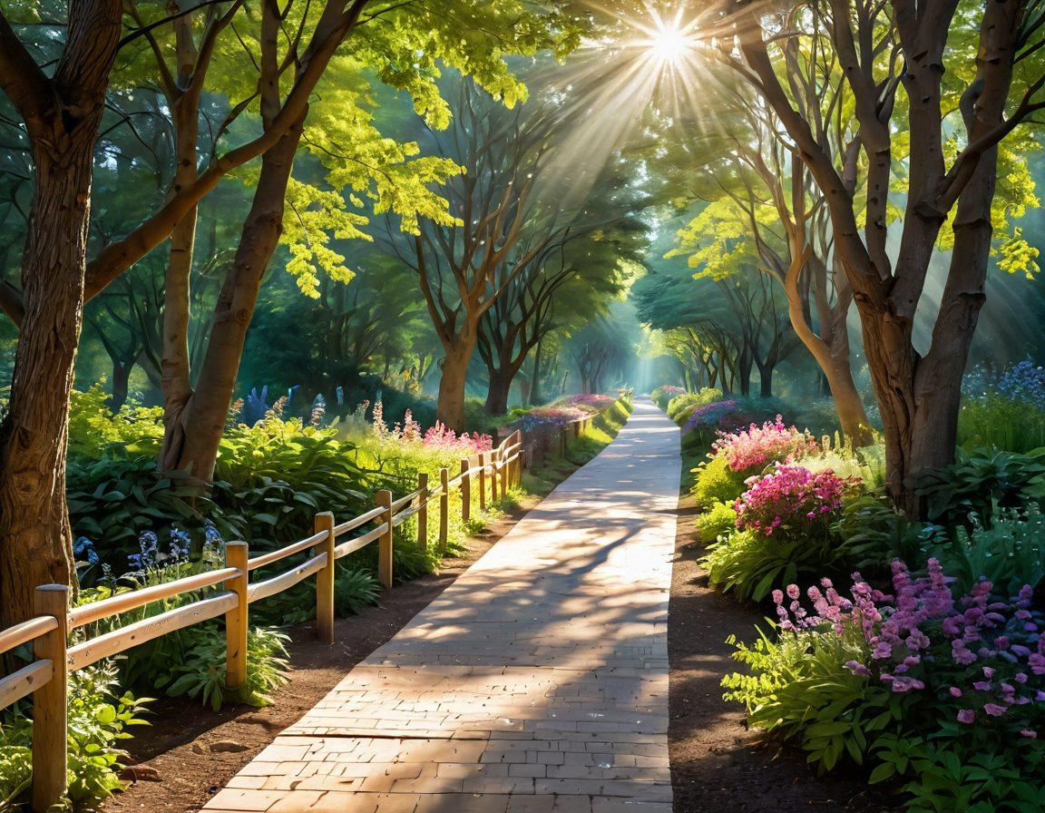 A serene pathway symbolizing a journey towards health, lined with vibrant flora and encouraging quotes about cancer prevention. In the background, a supportive community of diverse individuals holding hands, representing strength and unity. Soft rays of sunlight break through the trees, illuminating the path ahead as a symbol of hope and resilience. super-realistic. vibrant colors. peaceful atmosphere.